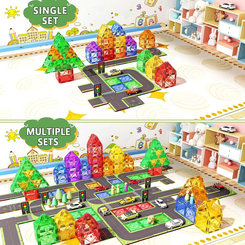 56PCS Magnetic Tiles Road Toppers Set Kids Toys for 3 Year Old Boys and Girls Pl