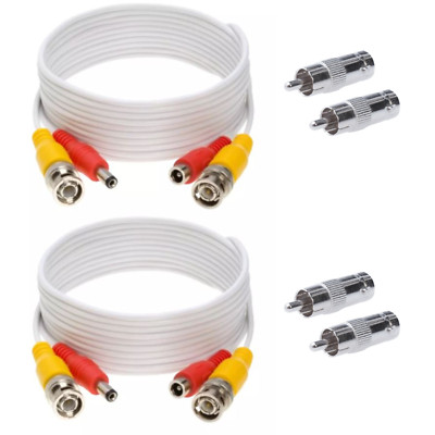 2 x 20FT Video Power Cable BNC DC Security Camera RCA DVR Cord for CCTV White