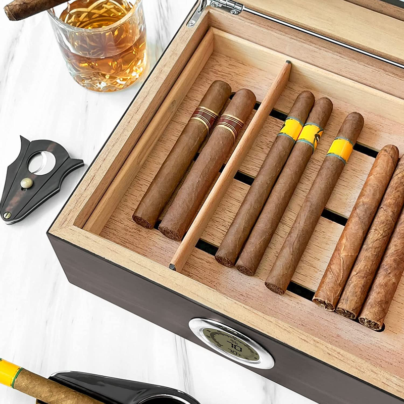Glass Top Desktop Humidor Cigar Box with Digital Hygrometer, Humidifier holds 25