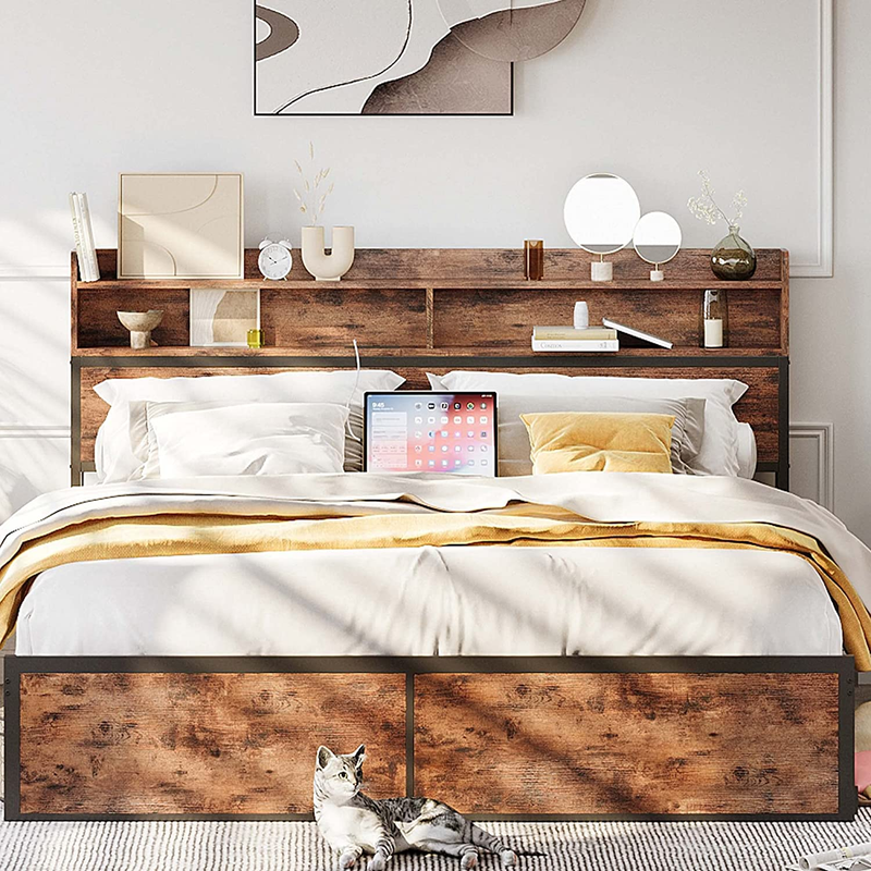 King Size Bed Frame, Bookcase Headboard with Charging Station, Platform Storage