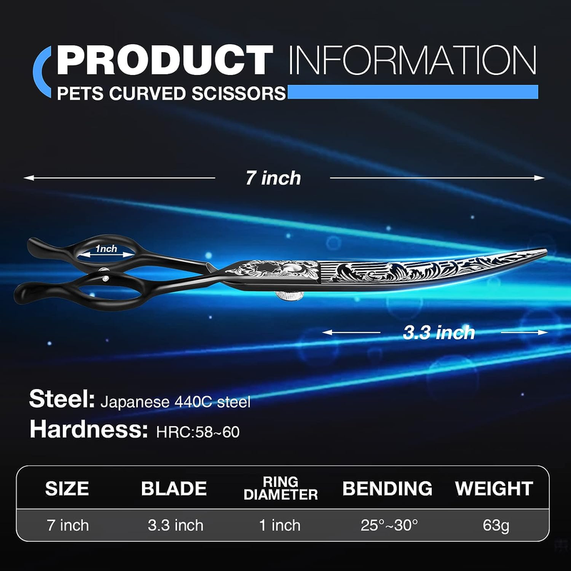 7" Curved Dog Grooming Scissors, Ergonomic Pets Grooming Thinner Blender Shears
