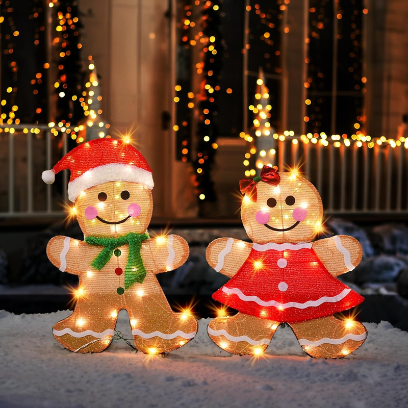Christmas Outdoor Decorations Yard, 2-Piece Lighted 2D Gingerbread Man with 50 L