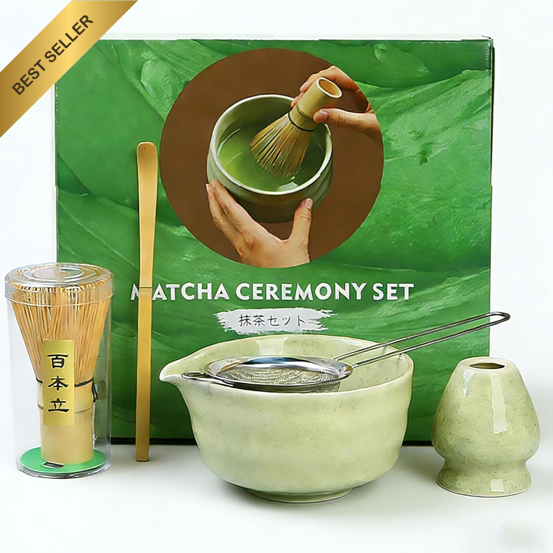 Matcha Tea Set – Japanese Matcha Bowl with Spout, Bamboo Whisk, Scoop, Holder &
