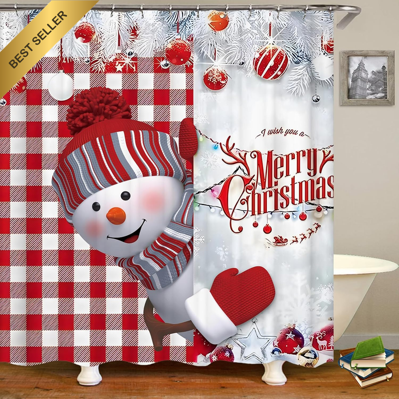Merry Christmas Shower Curtain Red Buffalo Plaid Snowman Winter Rustic 72x72