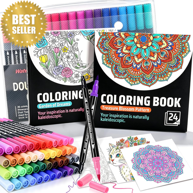 Adult Coloring Book Set, 2Pcs Coloring Books for Adults Relaxation with 36 Dual