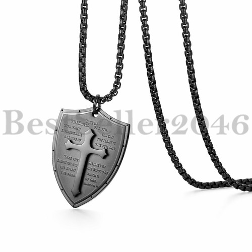 Men Shield Armor of God Ephesians 6:16-17 Faith Cross Necklace Pendant Chain 24"