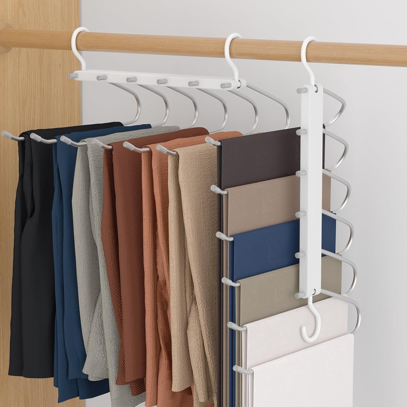 Space Saving Trouser Hangers 2 Pack 6 Tier Pants Organiser Non Slip Silver Clips
