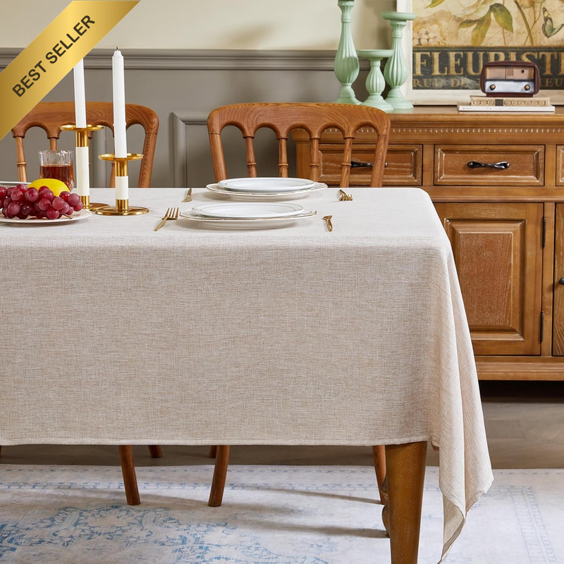 Faux Linen Tablecloth Rectangular for Dinning Room, Washable Stain Resistant Rec