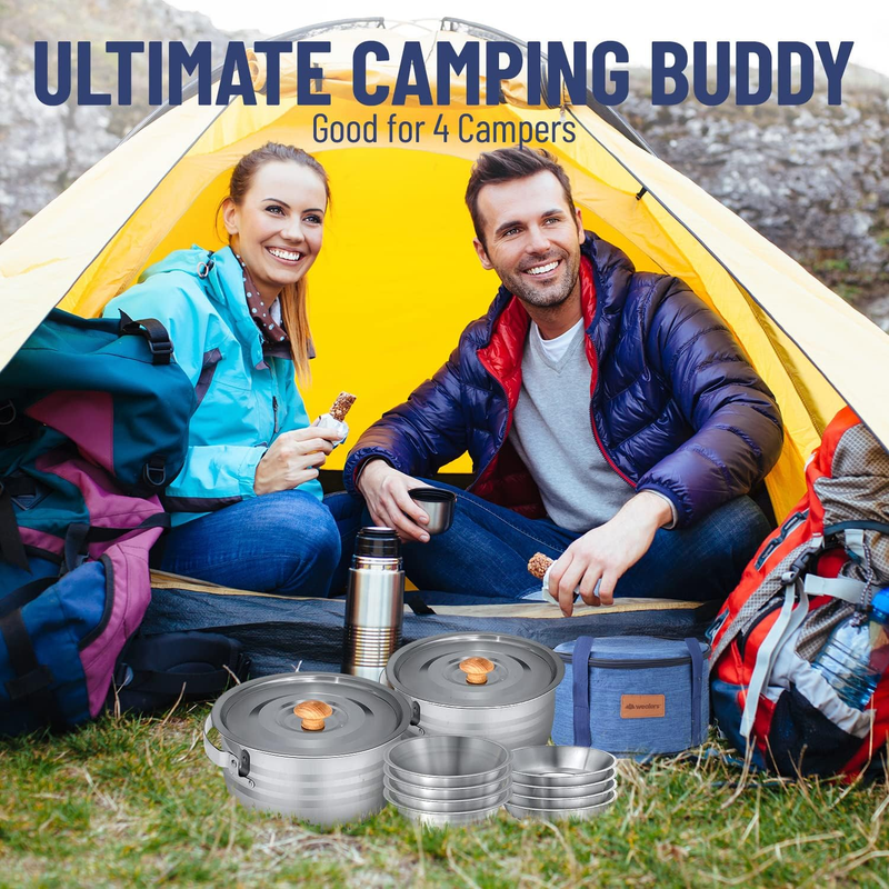 Camping Cookware & Dinnerware Set- 17 Pieces Stainless Steel Pots and Pans Set w