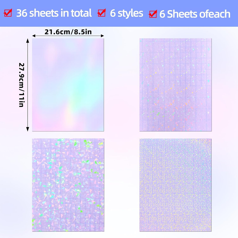 36 Sheets Holographic Sticker Paper Transparent Holographic Vinyl Laminate Film