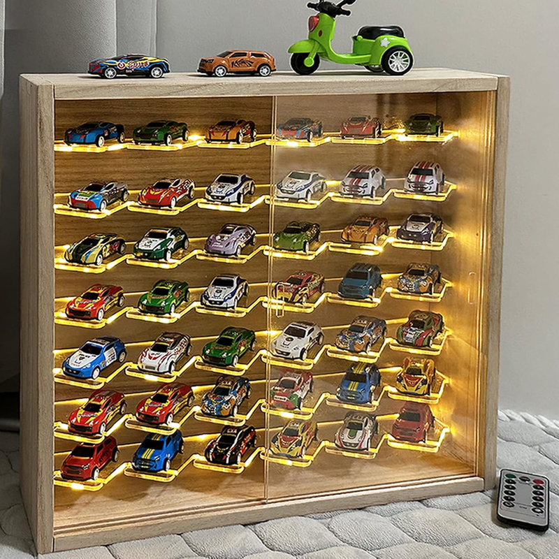 1/64 Mini Cars Display Case with Lighted 7 Tiers Wall Mounted Display Box with Acrylic Shelves at 45-Degree Angle and Door Storage for 42 Hot Diecast Wheels Toy Cars
