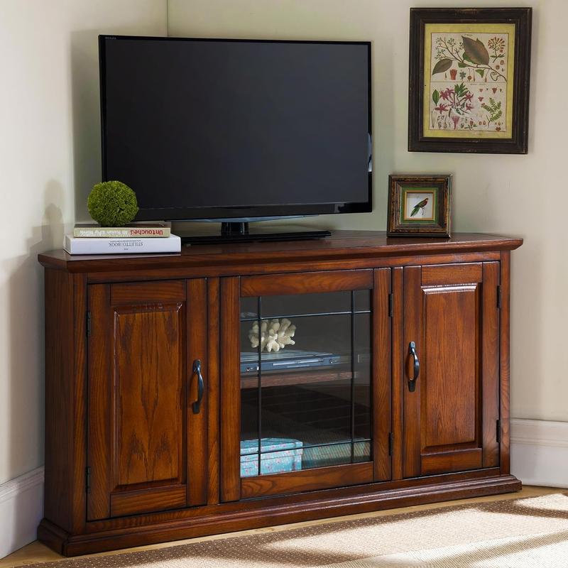 Oak Leaded Glass Corner TV Stand