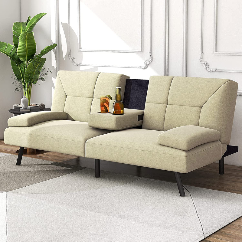 Convertible Futon Sofa, Bed, Lounger w/ Cup Holders Sturdy Metal Legs Khaki NEW