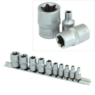 10PC CHROME VANADIUM FEMALE TX STAR TORX SOCKETS SET ON RAIL 1/4'' & 3/8'' E4-E18