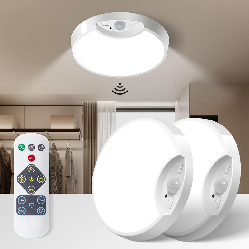 Rechargeable Ceiling Light Motion Sensored, Battery Operated Lights with Remote, Wireless Ceiling Light for Closet, Stairs, Shower, Bathroom, Bedroom, Hallway, Garage, Porch, Shed-2 Pack
