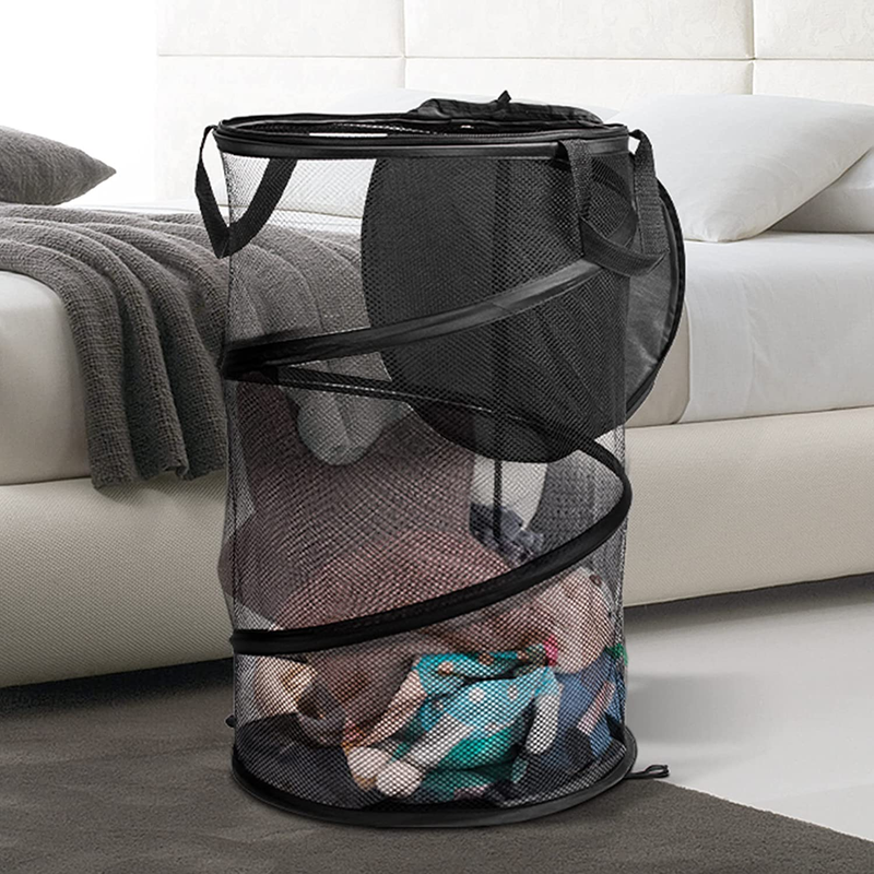 Mesh Collapsible Laundry Hamper with Lid, Large Clothing Storage Bucket with Han