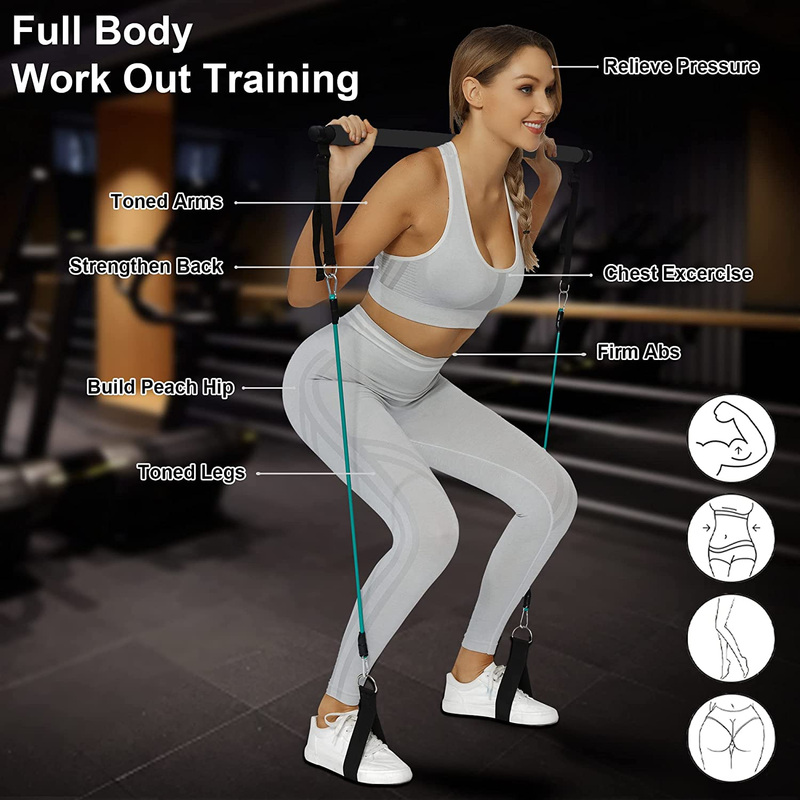 Portable Pilates Bar Kit with Resistance Bands for Men and Women - 6 Exercise Re
