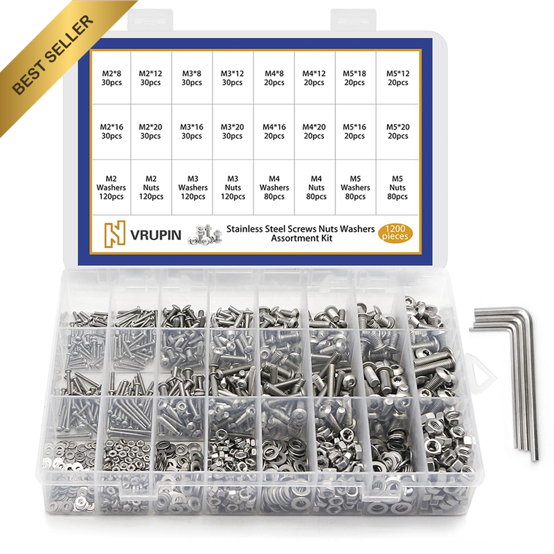 1200 PCS Nuts and Bolts Assortment Kit, Metric M2 M3 M4 M5 Machine Screws, Stain