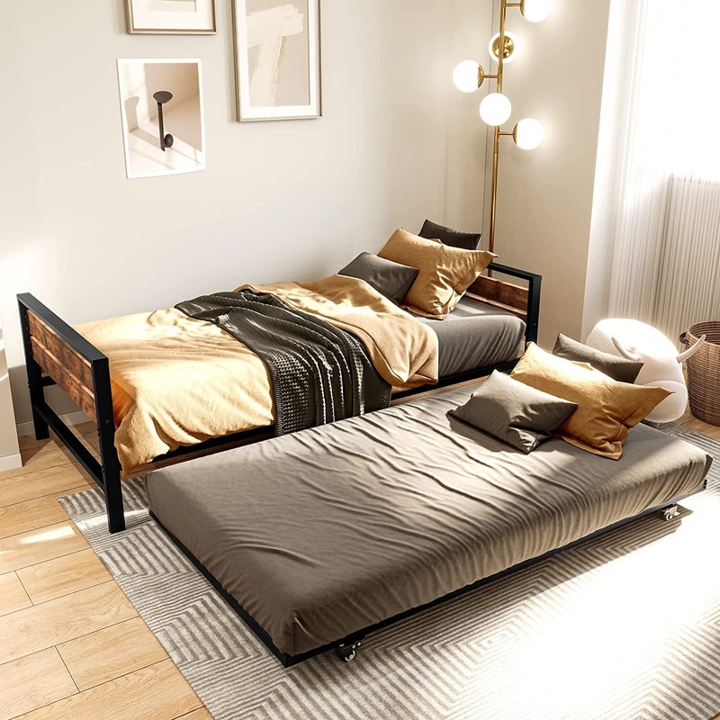 TAUS Twin Daybed Adjustable Sofa Bed Couch w/Pull Out Trundle Steel Slat Support