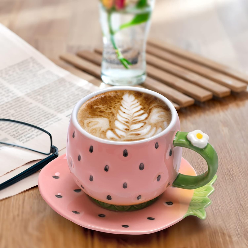 Ceramic Tea Cup and Saucer Coffee Mug Strawberry Coffee Cup with Saucer - 8 Ounc