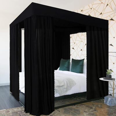 Black Queen Canopy Bed Curtains 90 Lightproof 4 Openings Durable Polyester