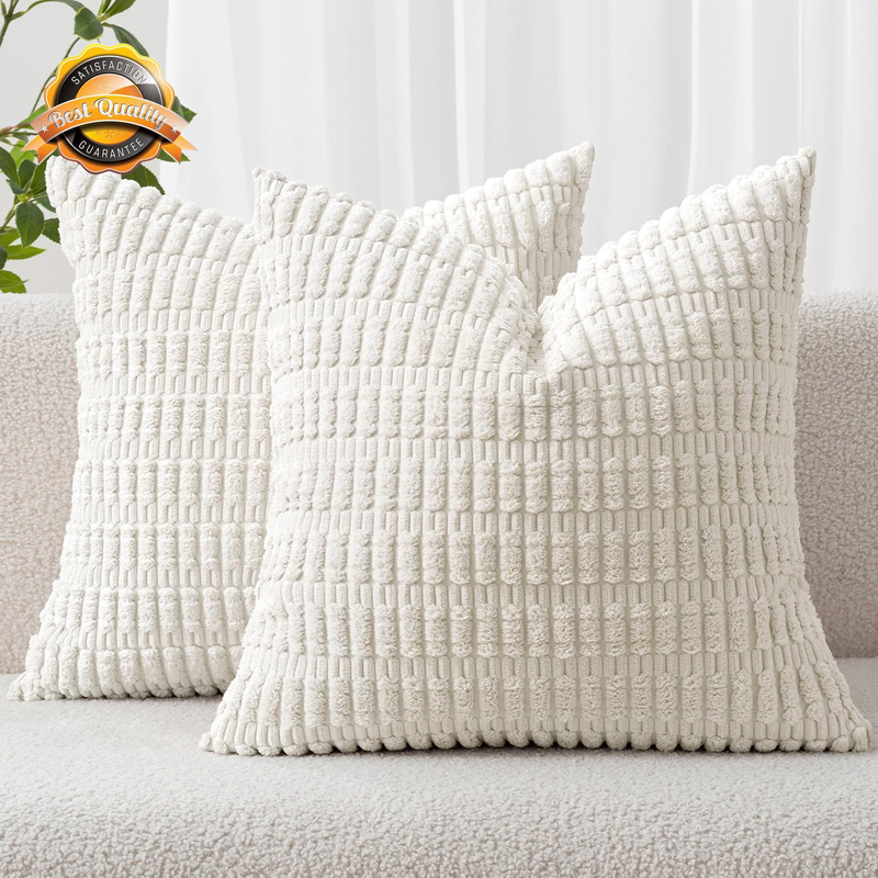 Corduroy Decorative Throw Pillow Covers Boho Striped Pure White 2 Pack 18x18