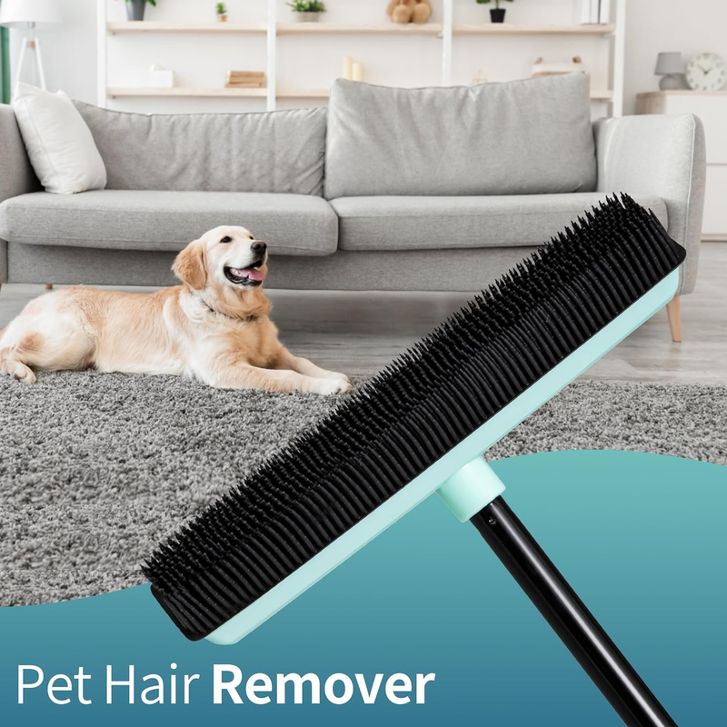 Rubber Broom Pet Hair Remover with Squeegee, 52.3 Inches Long Handle Fur Sweeper