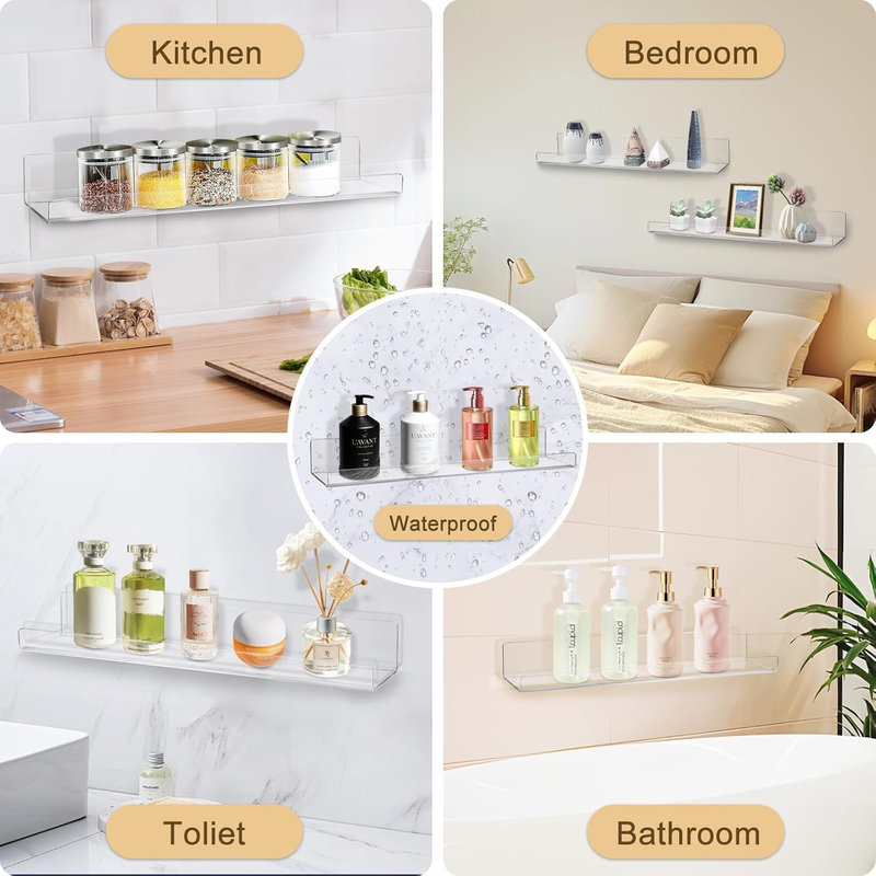 Clear Acrylic Shelves for Wall Storage Set of 6, 15" Floating Shelves Wall Mount