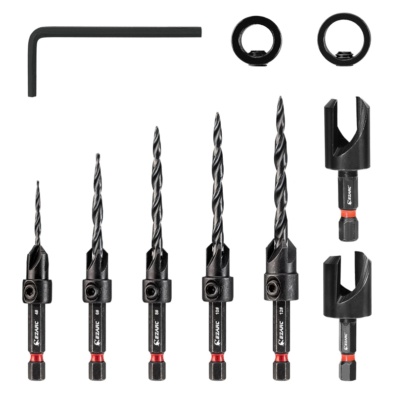 Wood Countersink Drill Bit Set, 4, 6, 8, 10, 12 Tapered Drill Bits, with 1/4" He