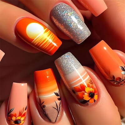 Coffin Press-On Fake Nail Sunset Flowers French Silver Glitter Manicure 24pcs