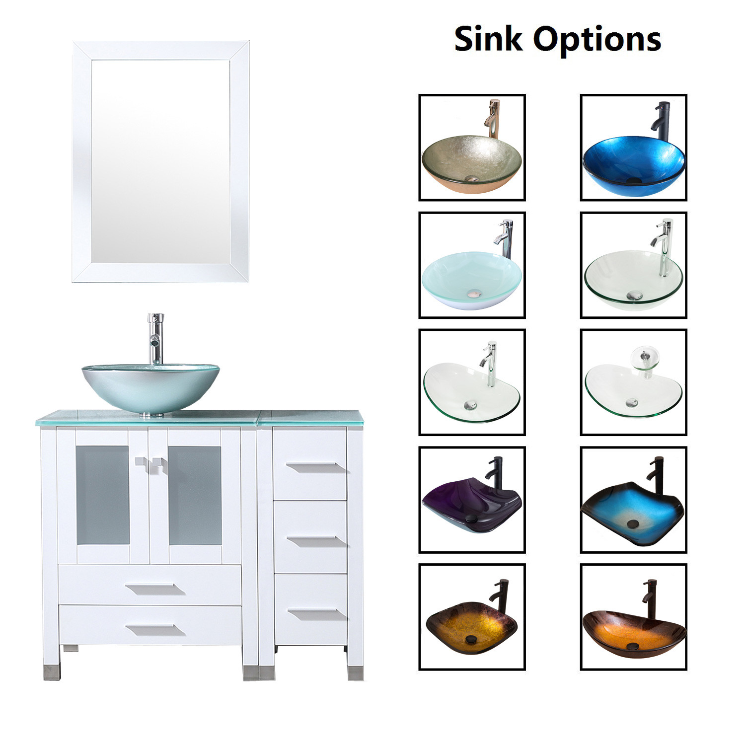 36 Bathroom Vanity Cabinet Tempered Glass Vessel Sink Bowl Faucet White Wood Ebay