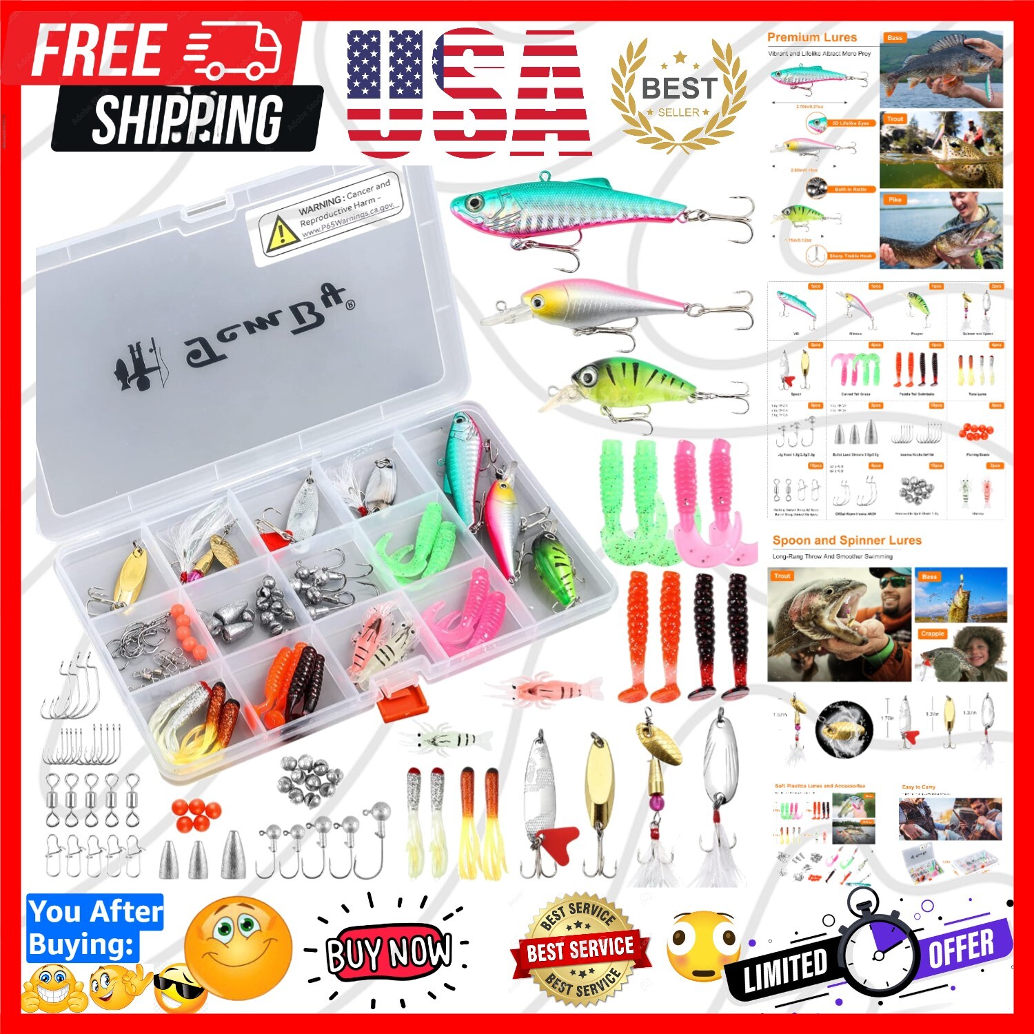 Ultimate Freshwater Fishing Lures Kit - 68-Piece Starter Set