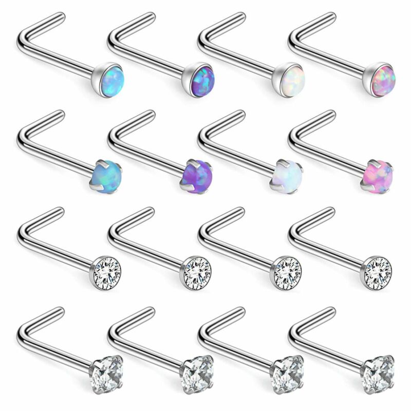 20g 16pcs 316l Surgical Steel Opal Cz L-shaped Nose Ring Studs Piercing Jewelry