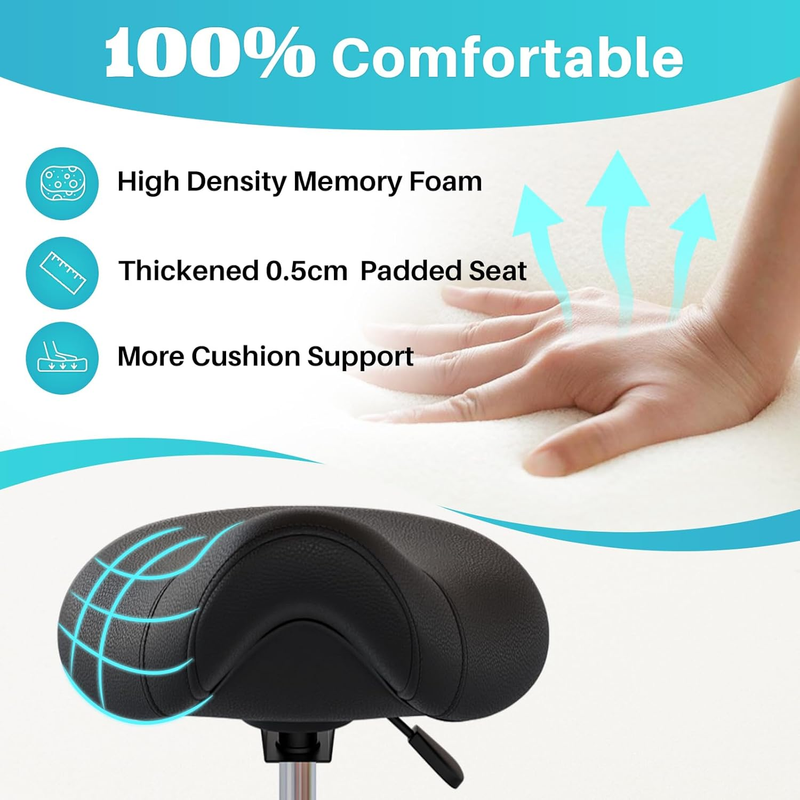 Ergonomic Saddle Stool with Wheels Adjustable - Comfortable Thick Saddle Seat Cu
