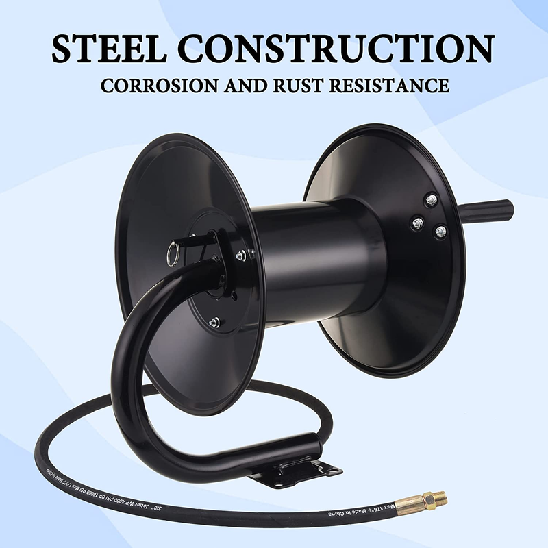 Heavy-Duty High-Pressure Washer Hose Reel 150Ft w/ 3/8" Pressure Wash Whip Hose
