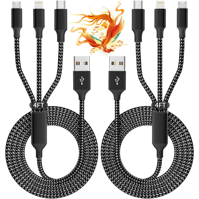 Multi Charging Cable(2Pack 4FT), 3 in 1 USB Charging Cable for Multiple Devices,
