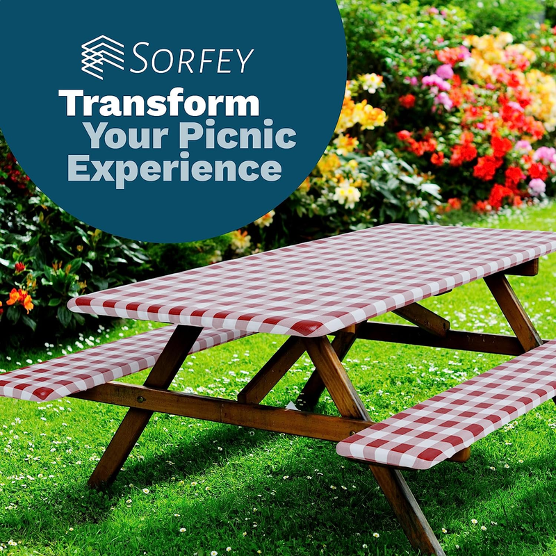 Picnic Table Cover with Bench Covers -Fitted with Elastic, Vinyl with Flannel Ba