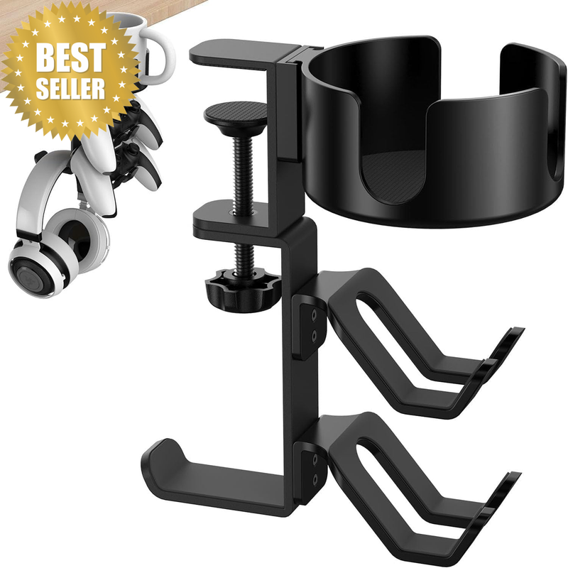 4 in 1 Desk Cup Holder with Headphone Hanger and Controller Stand, 360° Swivel u