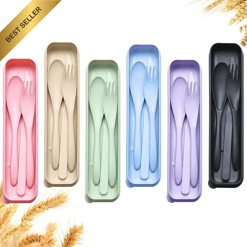 6 Pack Reusable Travel Utensil Set with Case, Wheat Straw Bpa-Free Portable Cutl