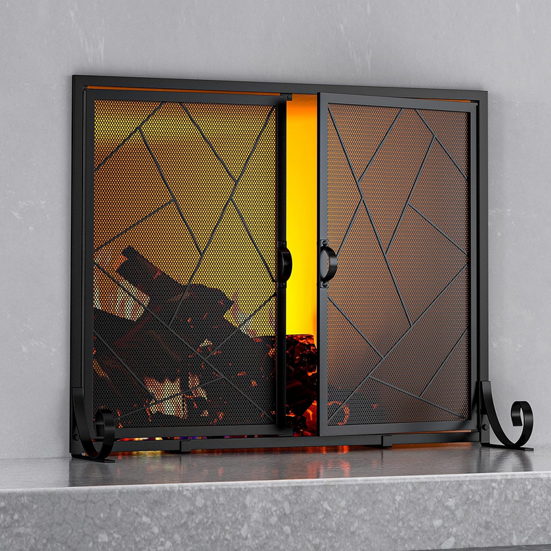 Black Fireplace Screen with Doors - Decorative Spark Guard, Cast Iron Border