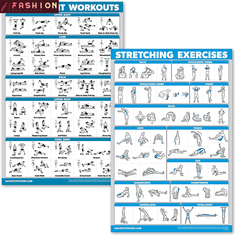 Bodyweight Workouts and Stretching Exercise Poster Set - Laminated 2 Chart Set -