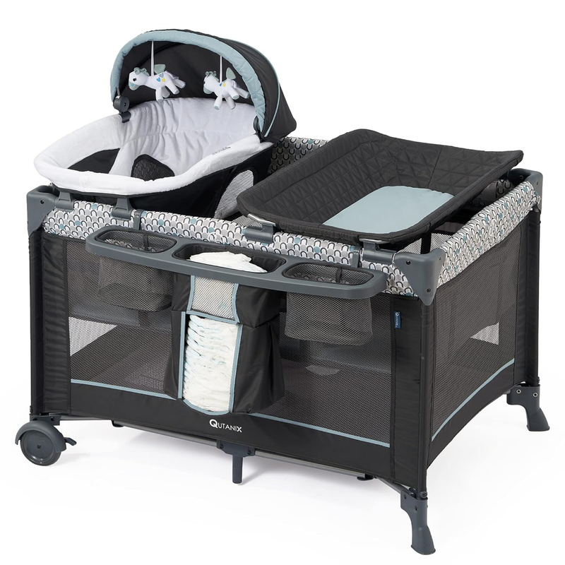 5 in 1 Multifunctional Pack and Play, Foldable Baby Crib with Bassinets,Changing Table,Newborn Napper with Canopy,Diaper Stacker,Baby Playpen for Babies and Toddlers
