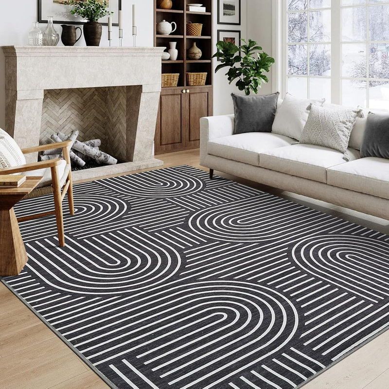 Washable Rug 5X7 Area Rugs for Living Room, Abstract Rug for Bedroom, Soft Rainbow Non Slip Throw Rugs with Rubber Back, Low Pile Stain Resistant Boho Geometric Carpet for Dining Room, Black