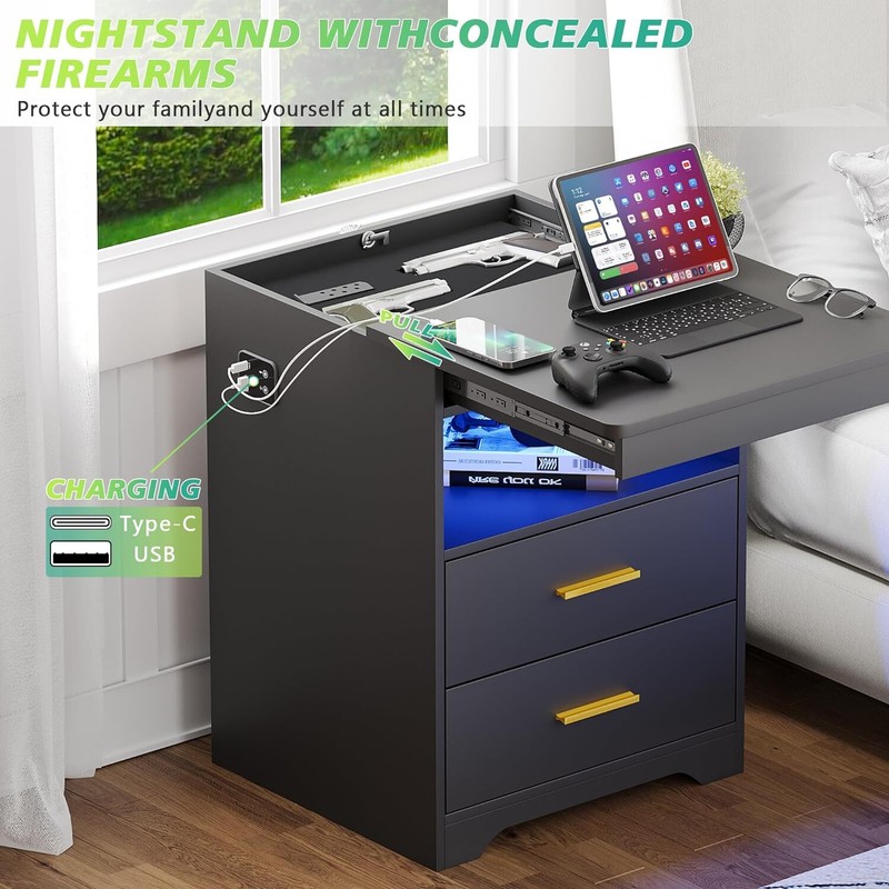 Nightstand with Lockable Gun Drawer: LED Light, Charging Station