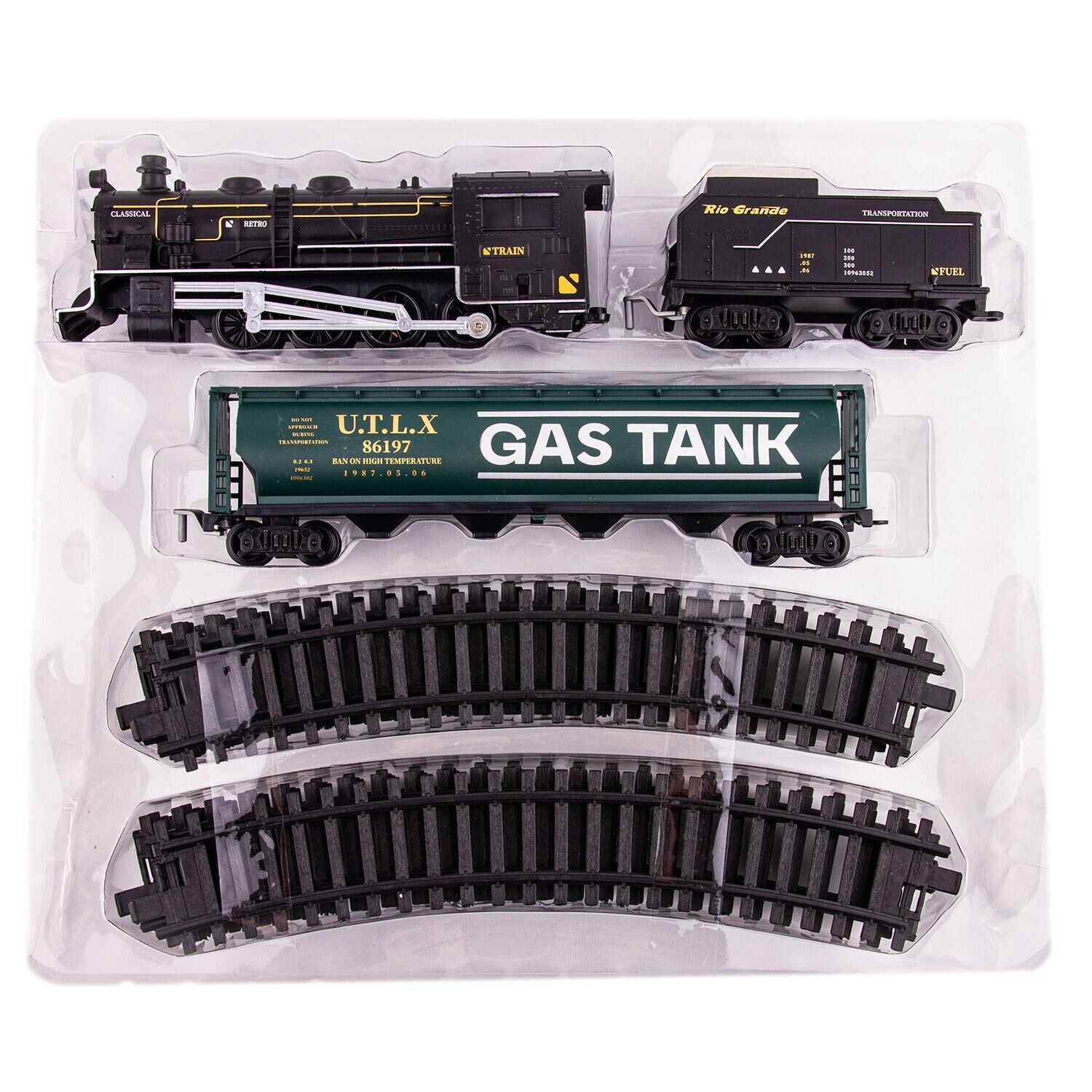 Retro Railroad Train Set with Sound Light Steam Train Locomotive Gas Tank Round