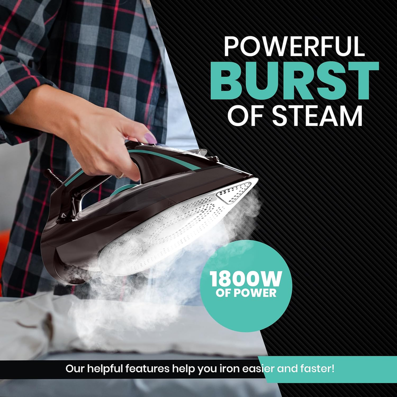 Steam Iron for Clothes - Non-Stick Soleplate -1800W Clothes Iron - Adjustable Th