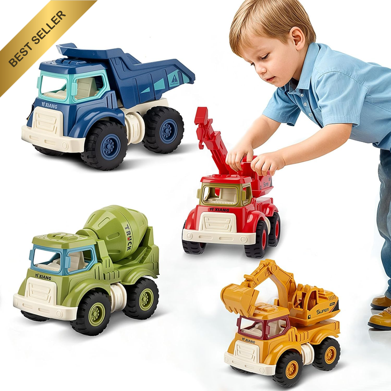 4PK Push & Go Construction Truck Toy Set Excavator Dump Crane Cement Mixer 3+