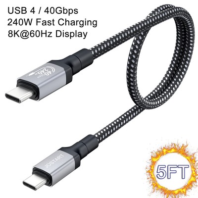 Thunderbolt 4 USB-C Charger Data Cable PD 240W 8K Video Display UHD 5FT Braided