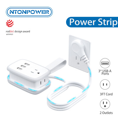 Power Strip 2 Outlets 3 USB 3 ft Extension Cord High-Speed Charging for Travel