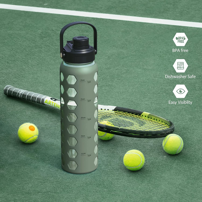 32Oz Glass Water Bottles with 2 Lids-Handle Spout Lid&Bamboo Straw Lid, Motivati